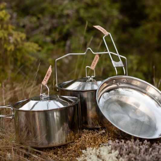 PRIMUS Campfire Stainless Steel Cookset Large – Camping Cookware Set with 3L Pot, 1.8L Pot & 21cm Frying Pan, Open Fire & Stove Compatible, Durable 18/8 Steel Kit